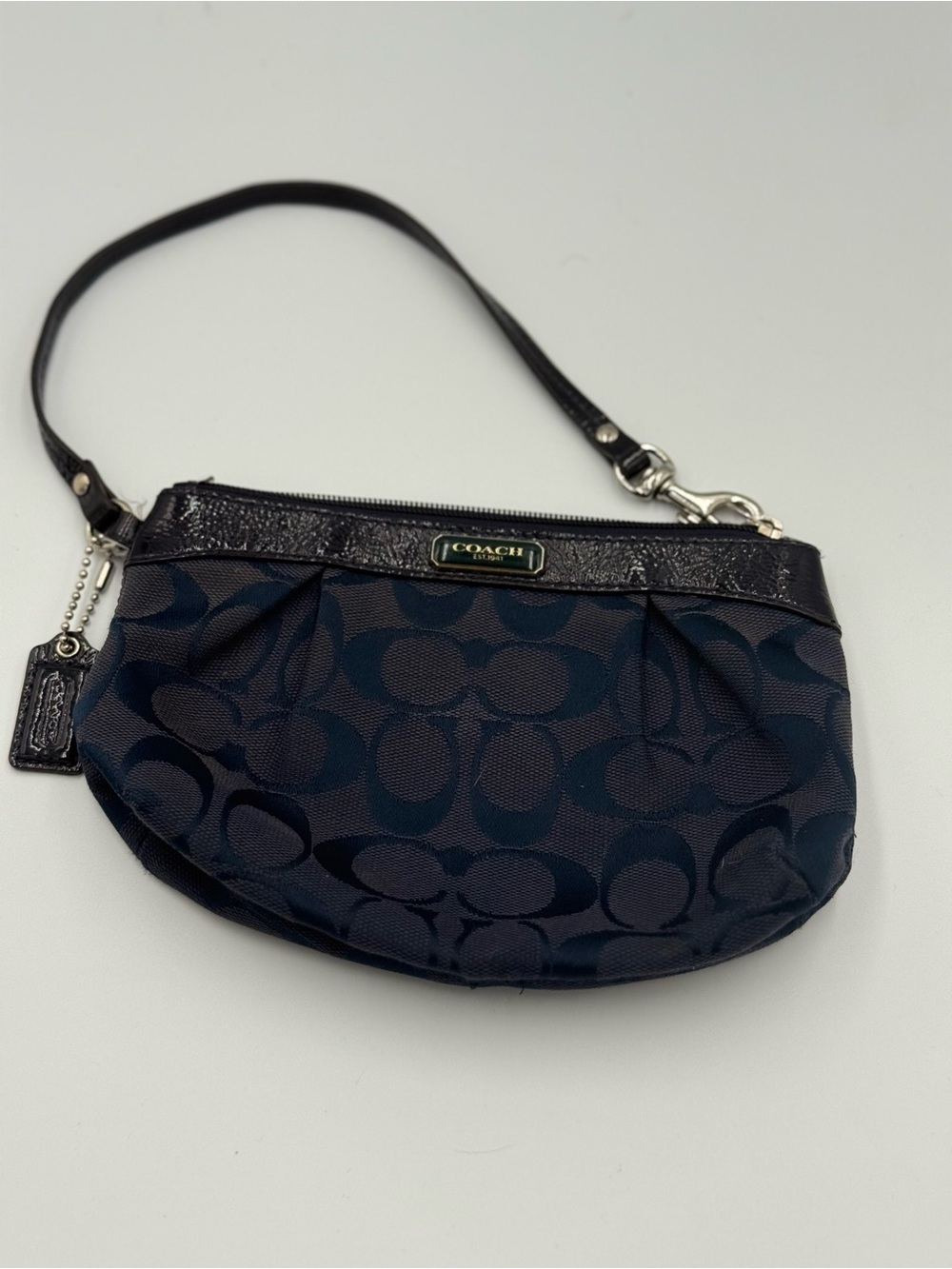 Coach Navy patent leather and monogram wristlet